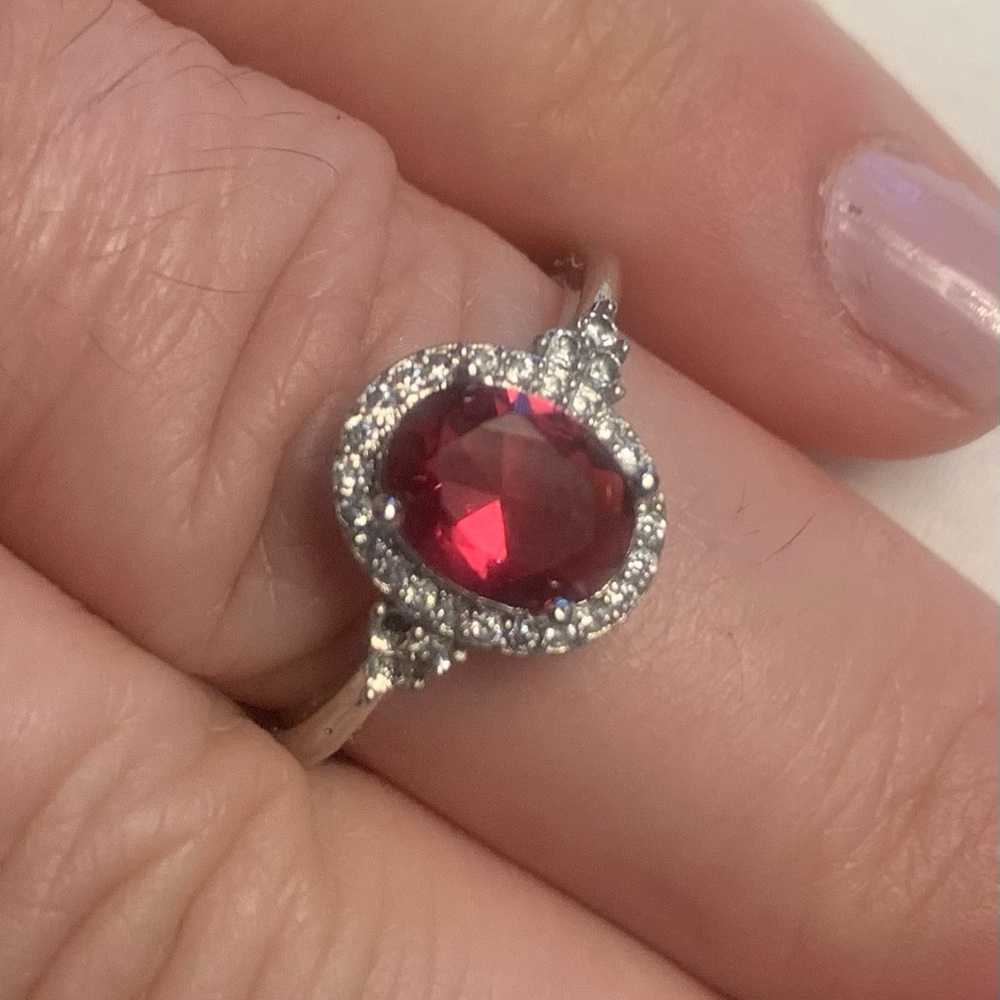 .925 Sterling Silver Red Zircon Rhinestones Lab-Created Oval Ring Sz 7